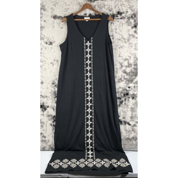 J Jill Maxi Dress‎ Womens Size Medium Black Cotton Embroidered Geometric - Picture 1 of 11